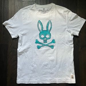 Psycho Bunny by Robert Godley, white w/ turquoise/black psycho bunny, size L